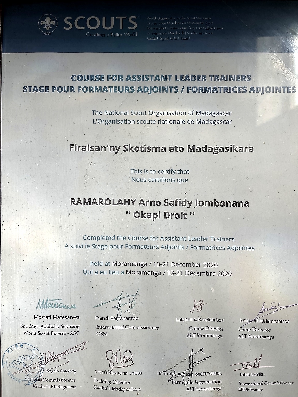 Aperçu du certificat Course for Assistant Leader Trainers