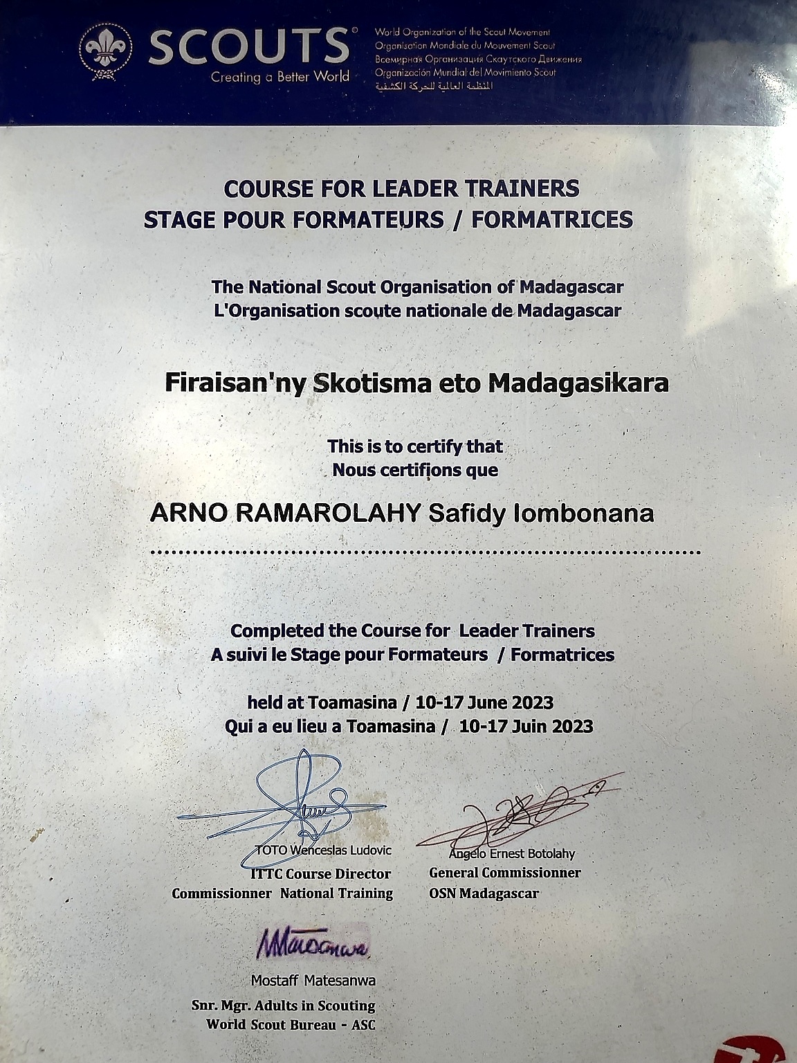 Aperçu du certificat Course for Leader Trainers