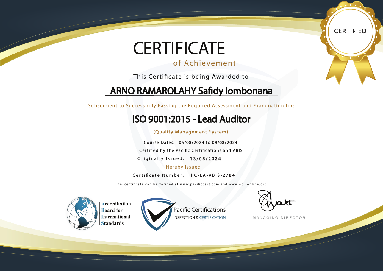 Aperçu du certificat ISO 9001:2015 – Lead Auditor