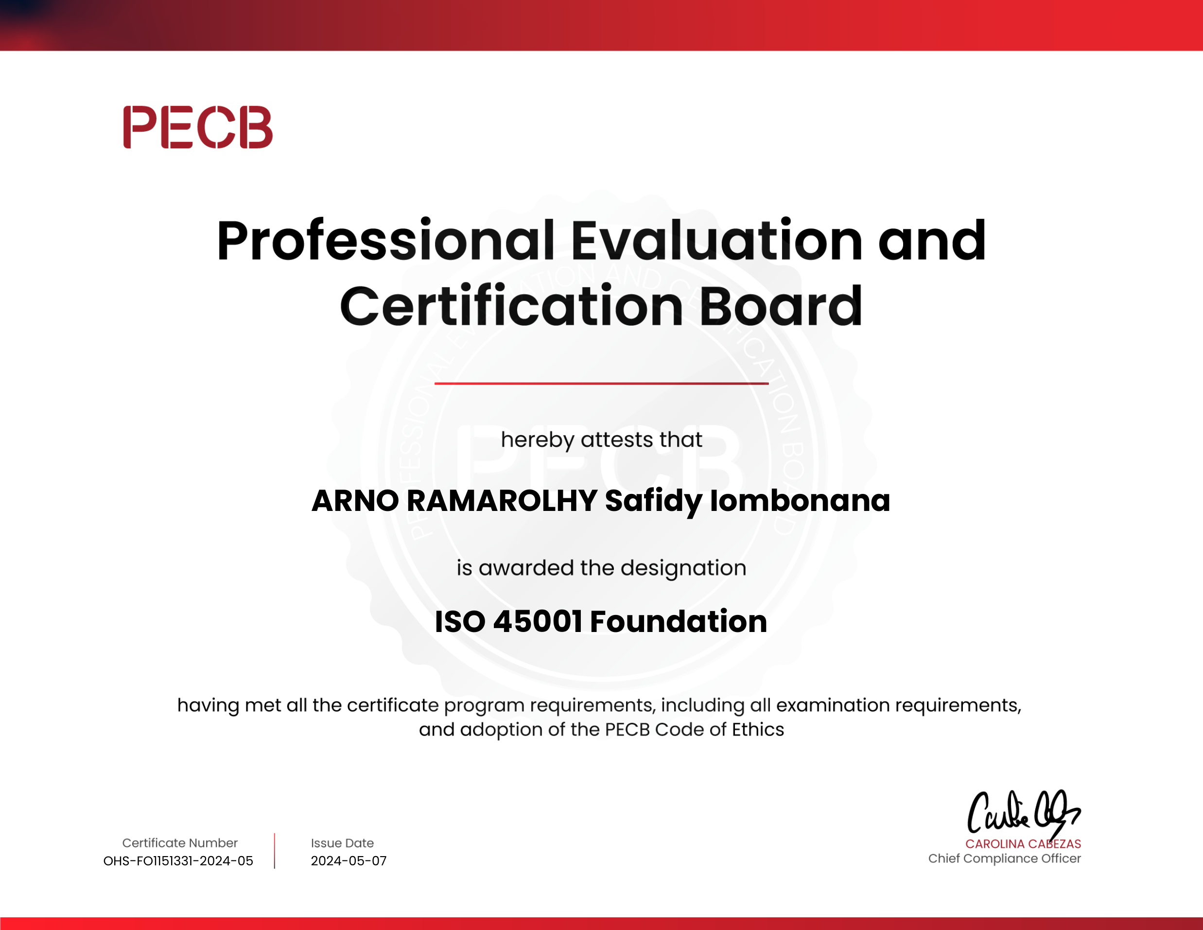 Aperçu du certificat ISO 45001 Foundation