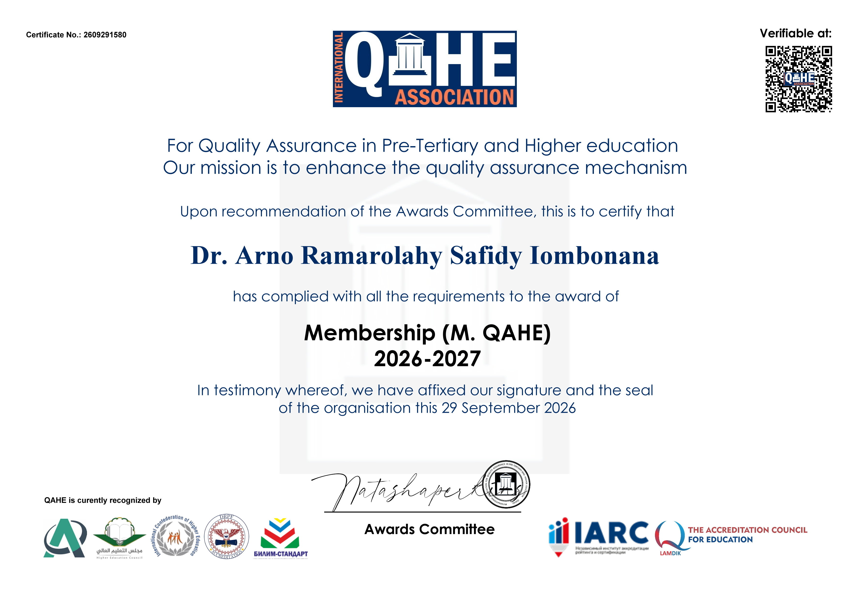 Aperçu du certificat Membership (M. QAHE) 2026–2027