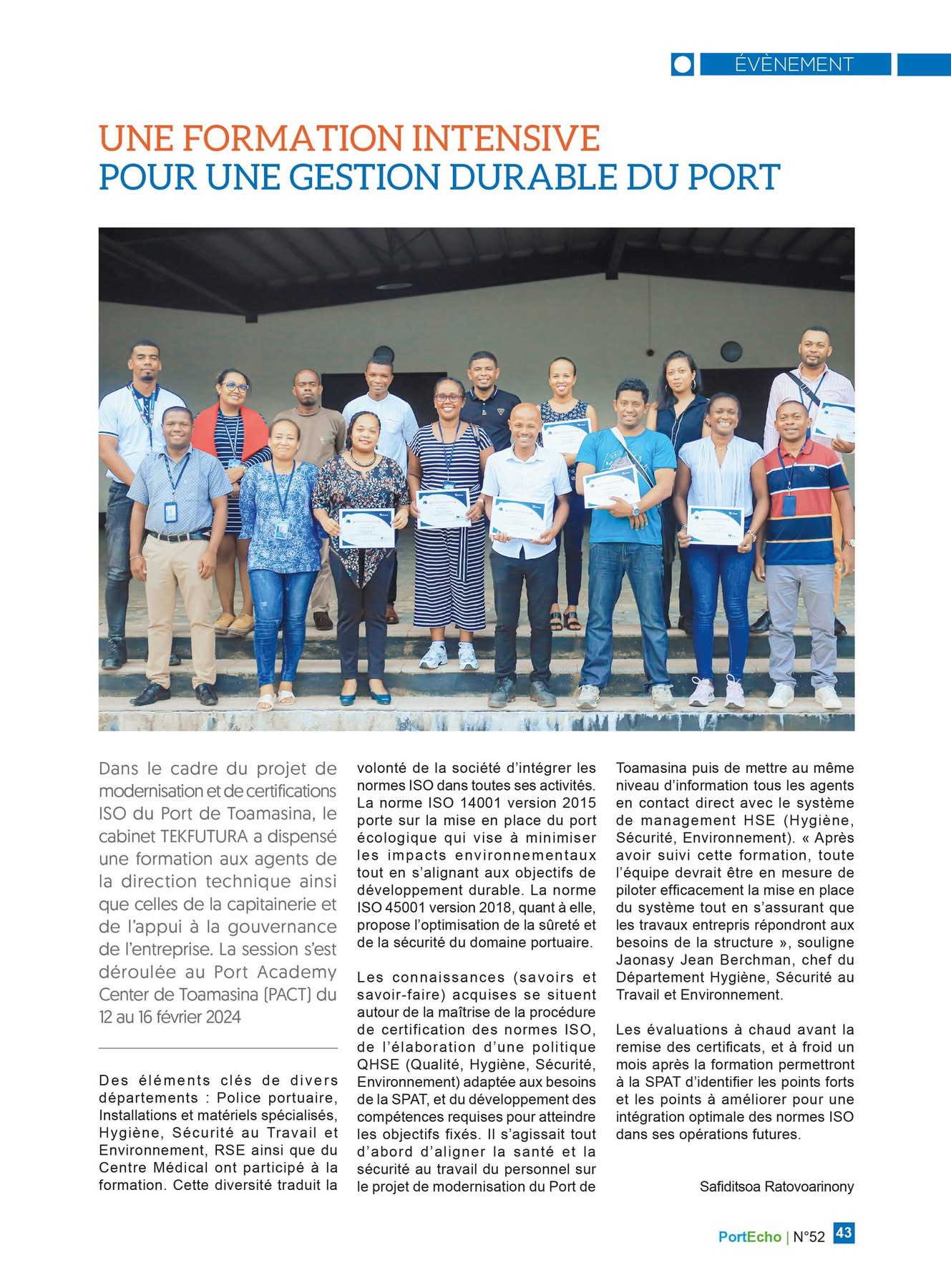 Participants à une formation ISO en entreprise au Port Academy Center de Toamasina